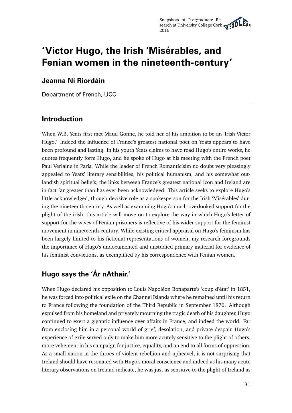 Victor Hugo, the Irish ‘Misérables, and Fenian Women in the Nineteenth-Century’