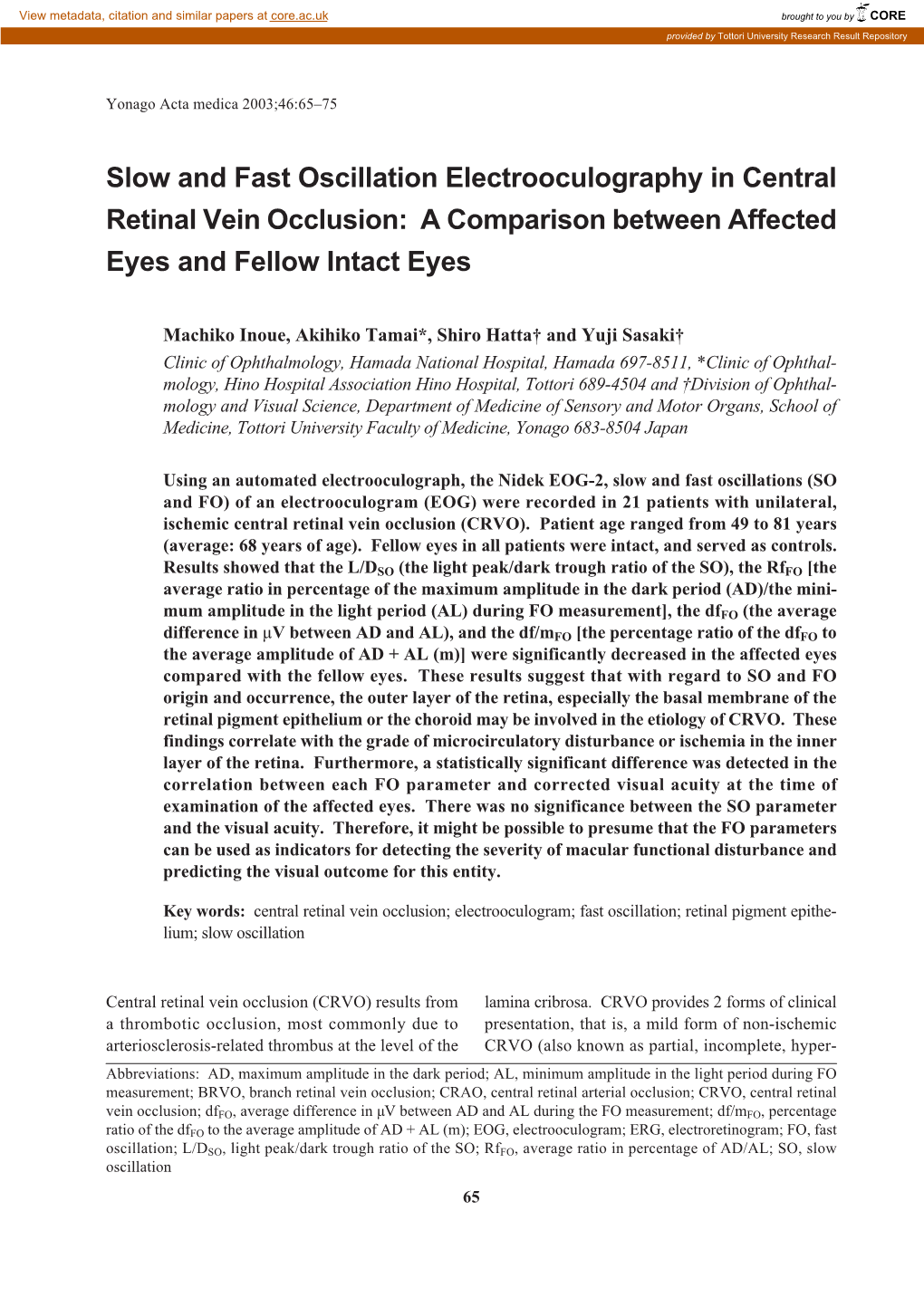 Slow and Fast Oscillation Electrooculography in Central Retinal Vein Occlusion: a Comparison Between Affected Eyes and Fellow Intact Eyes