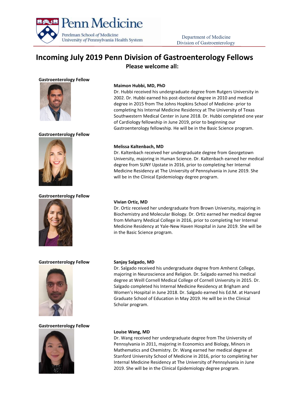 Incoming July 2019 Penn Division of Gastroenterology Fellows Please Welcome All