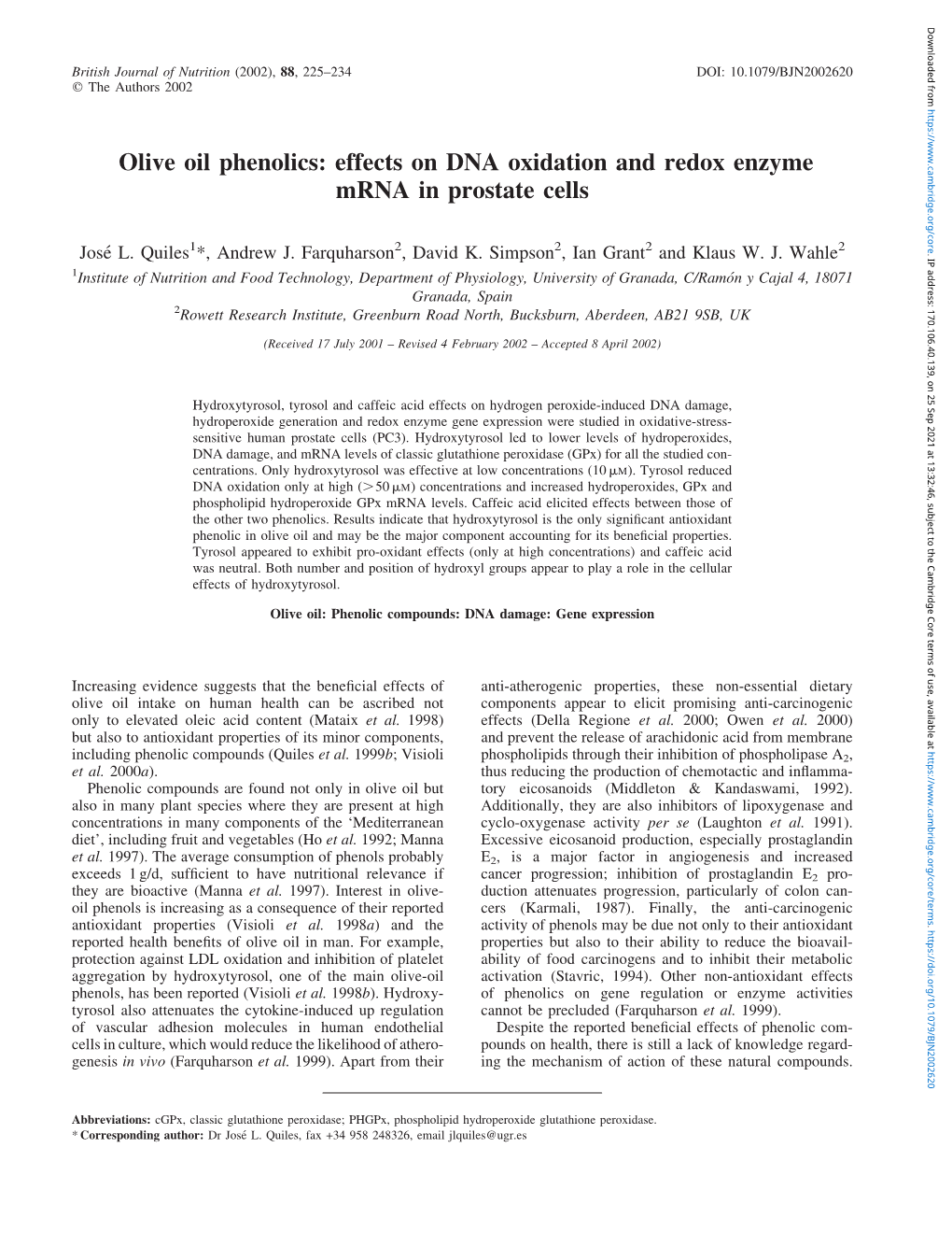 Effects on DNA Oxidation and Redox Enzyme Mrna in Prostate Cells