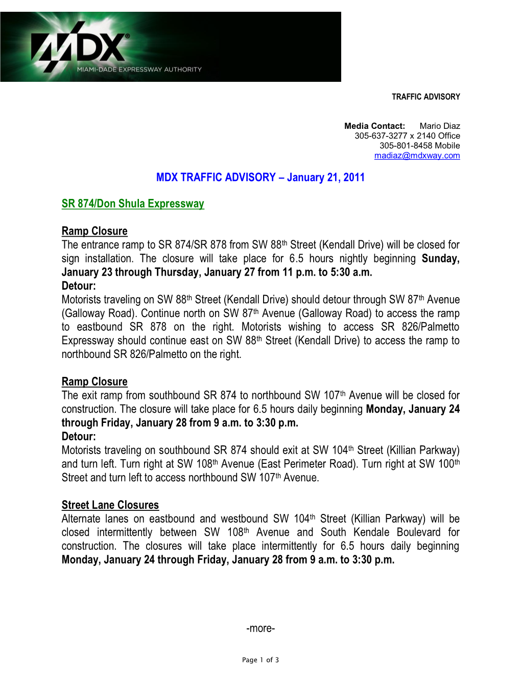 WEEKLY TRAFFIC ADVISORY 13 of 52