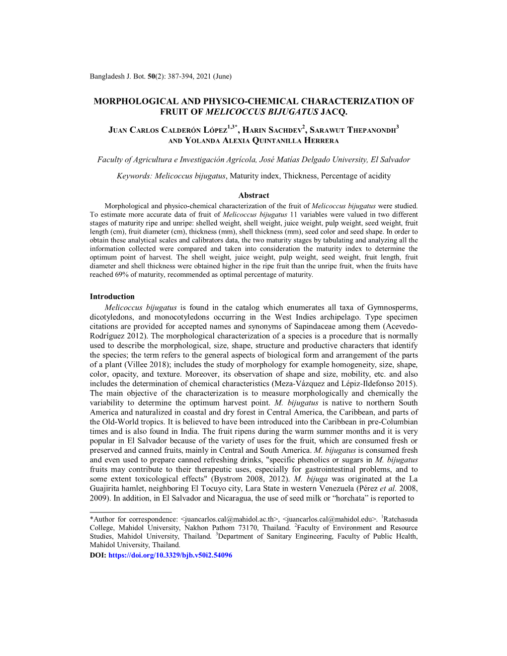 Morphological and Physico-Chemical Characterization of Fruit of Melicoccus Bijugatus Jacq