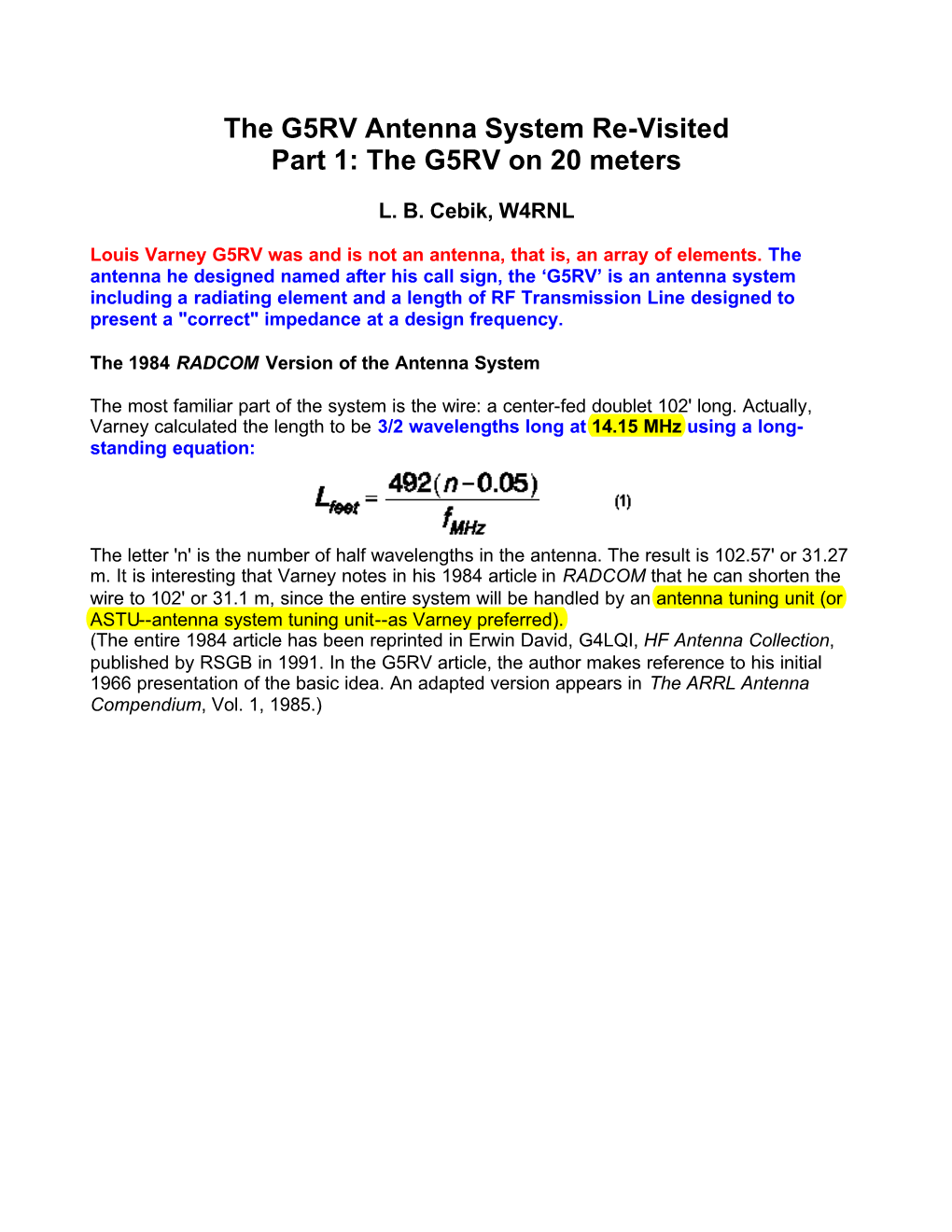 Antenna System Re-Visited Part 1: the G5RV on 20 Meters