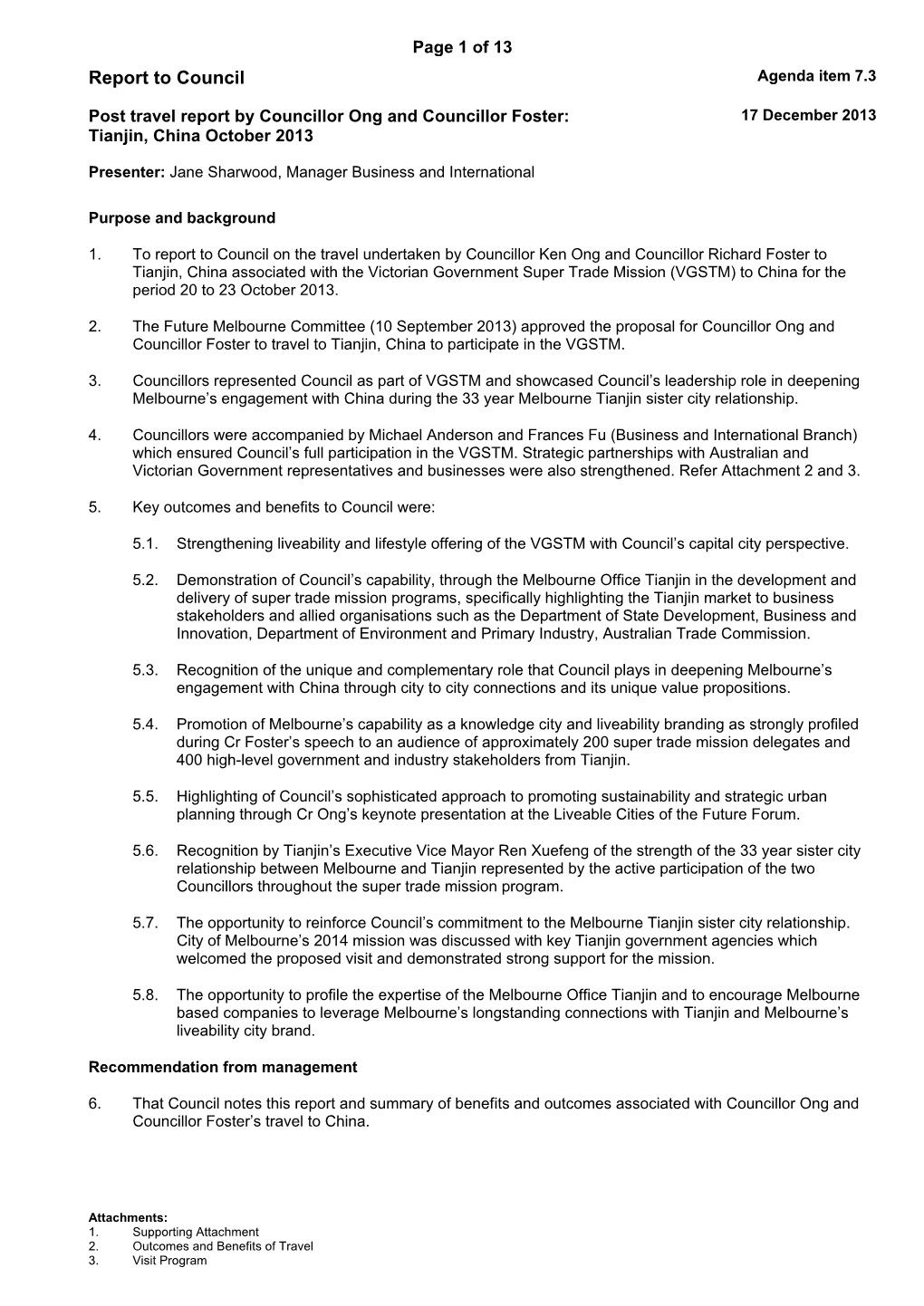 Report to Council Agenda Item 7.3