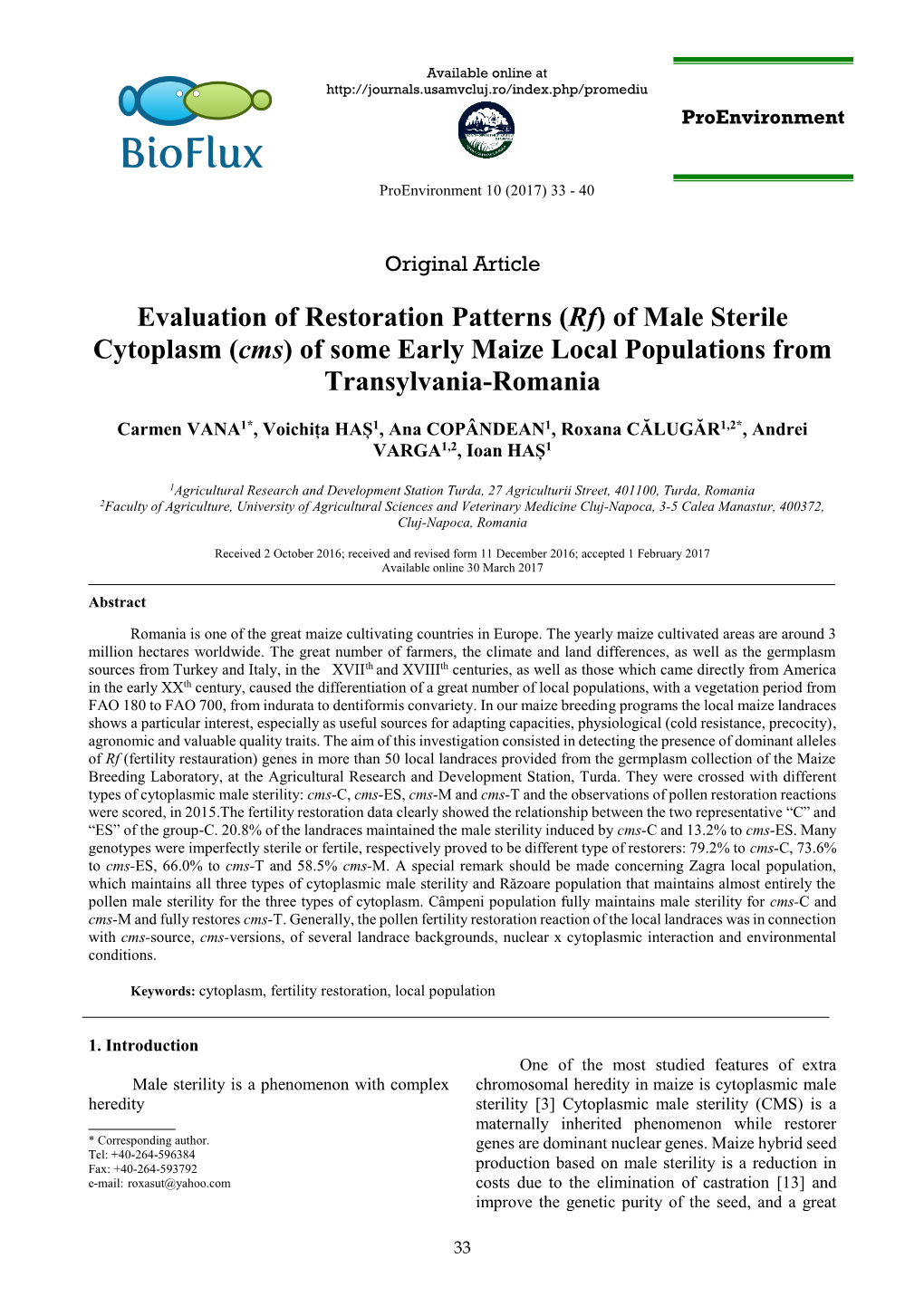 Of Male Sterile Cytoplasm (Cms) of Some Early Maize Local Populations from Transylvania-Romania