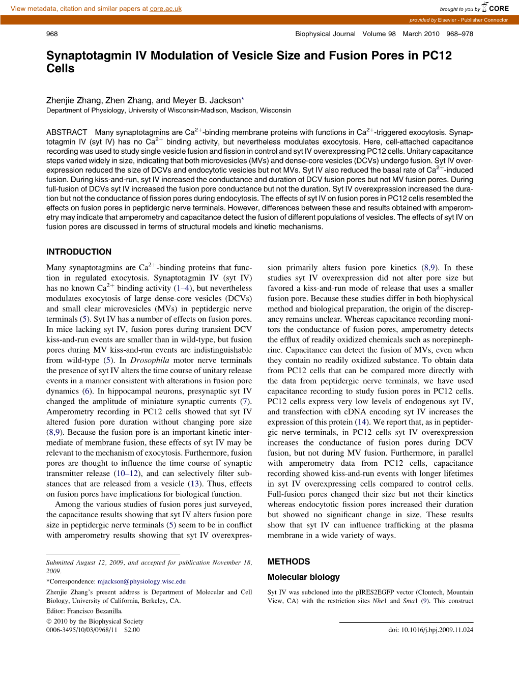 Synaptotagmin IV Modulation of Vesicle Size and Fusion Pores in PC12 Cells