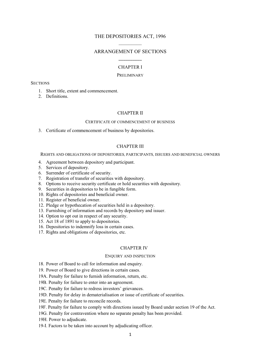 The Depositories Act, 1996 ______Arrangement of Sections ______Chapter I Preliminary Sections 1