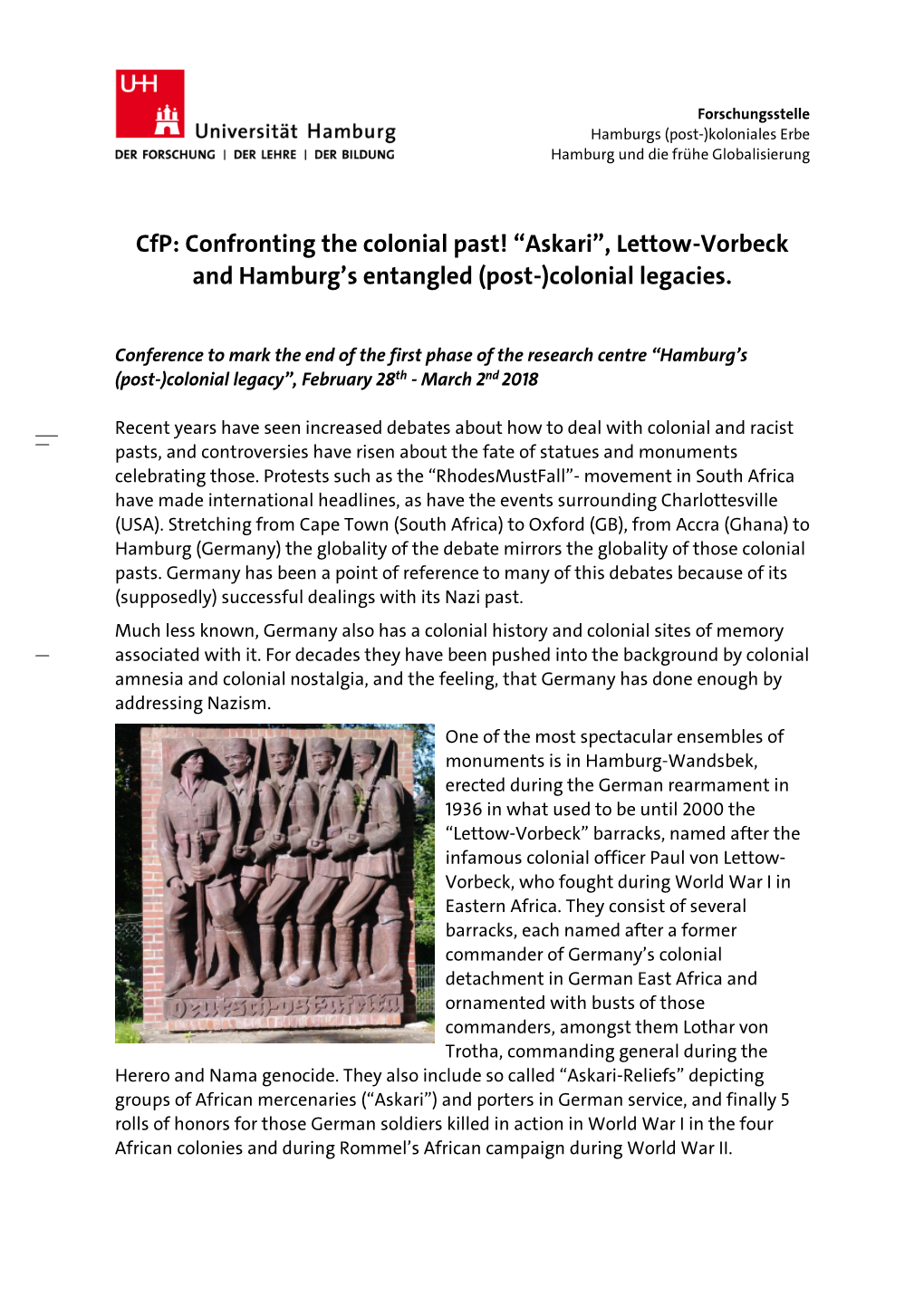 Cfp: Confronting the Colonial Past! “Askari”, Lettow-Vorbeck and Hamburg’S Entangled (Post-)Colonial Legacies