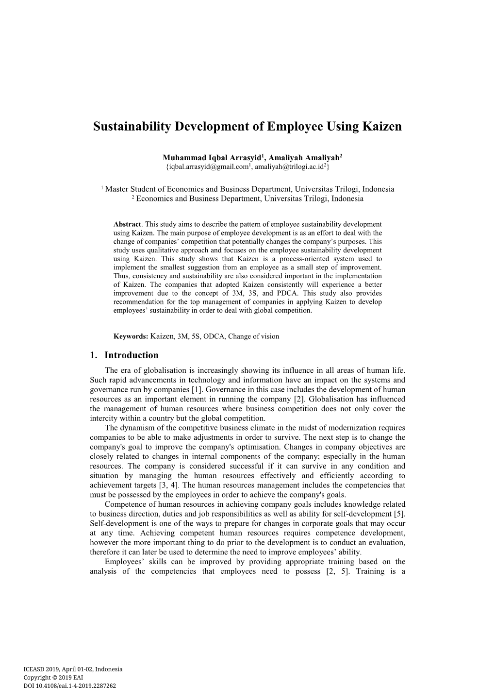 Sustainability Development of Employee Using Kaizen