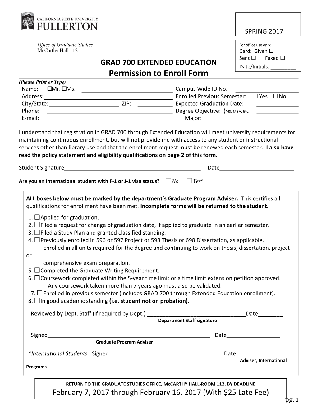 Permission to Enroll Form