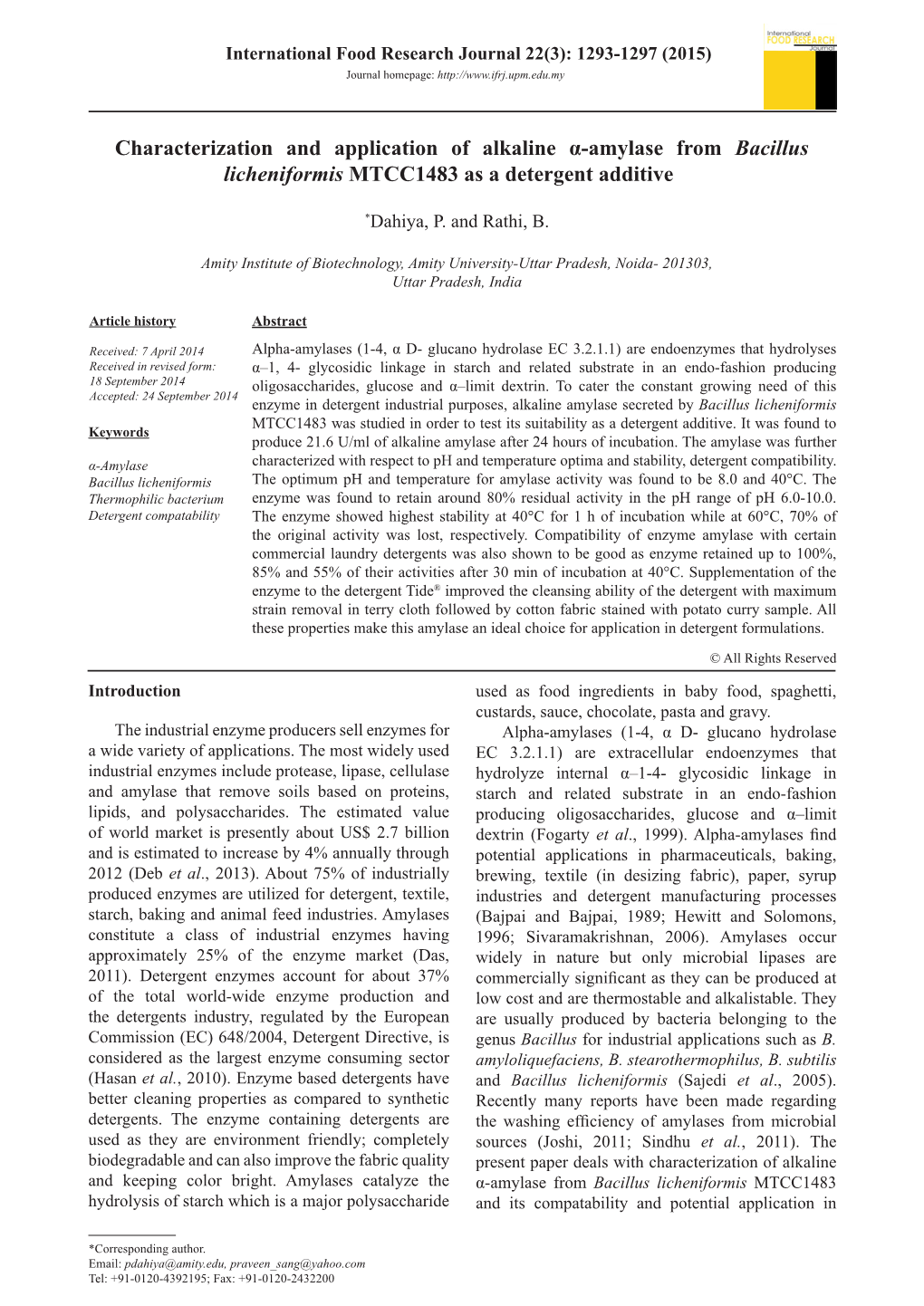 Characterization and Application of Alkaline Α-Amylase from Bacillus Licheniformis MTCC1483 As a Detergent Additive