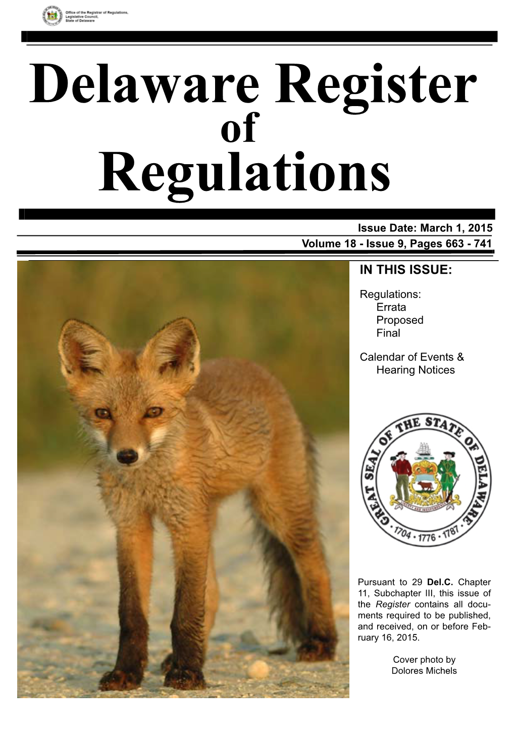 Delaware Register of Regulations, Volume 18, Issue 9, March 1, 2015