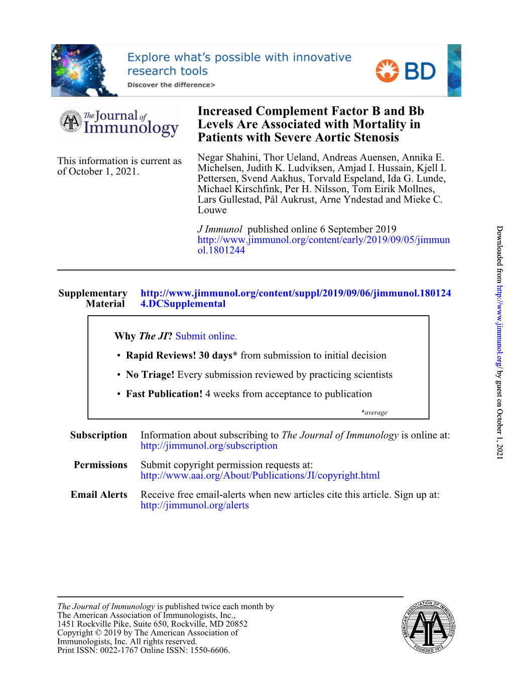 Increased Complement Factor B and Bb Levels Are Associated with Mortality in Patients with Severe Aortic Stenosis