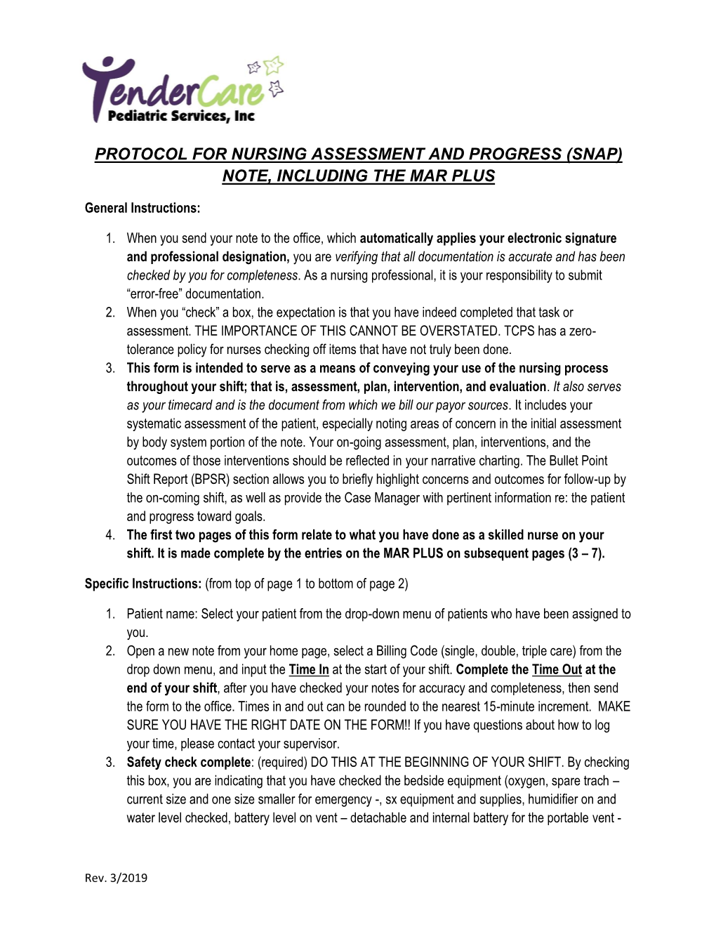 Protocol for Nursing Assessment and Progress (Snap) Note, Including the Mar Plus