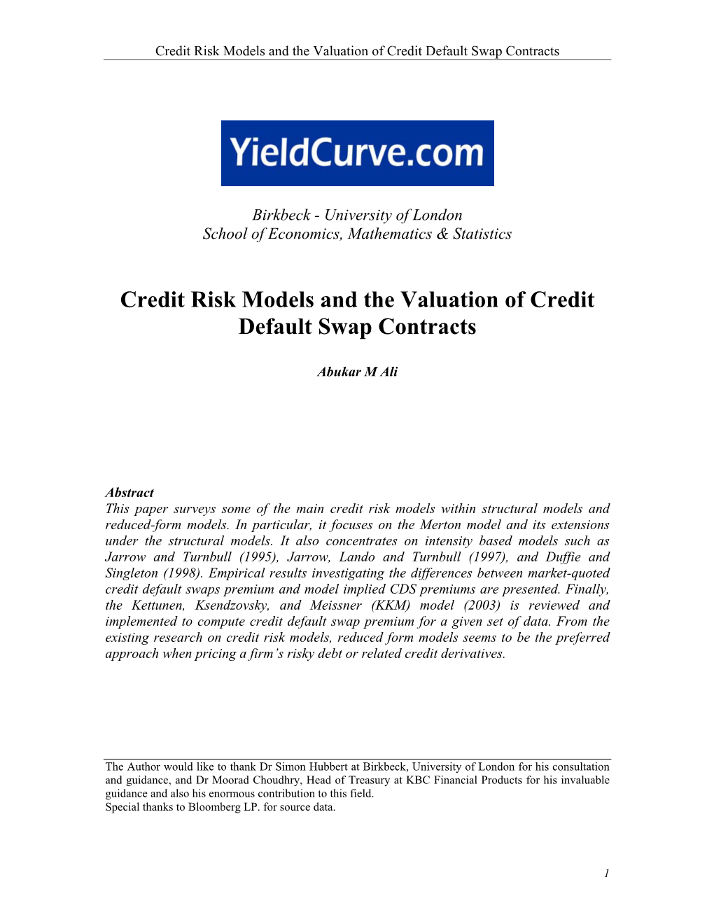 Credit Risk Models and Valuation of Credit Default Swap Contract