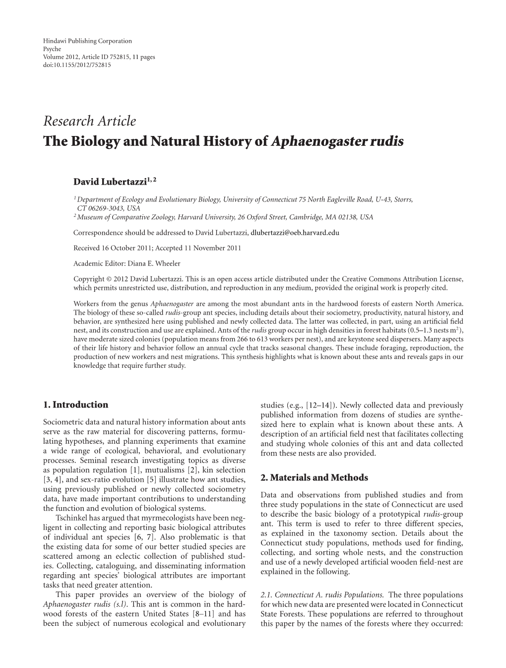 The Biology and Natural History of Aphaenogaster Rudis