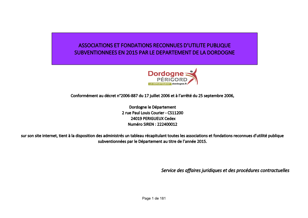Associations Et Fondations Reconnues D'utilite Publique Subventionnees En 2015 Par Le Departement De La Dordogne
