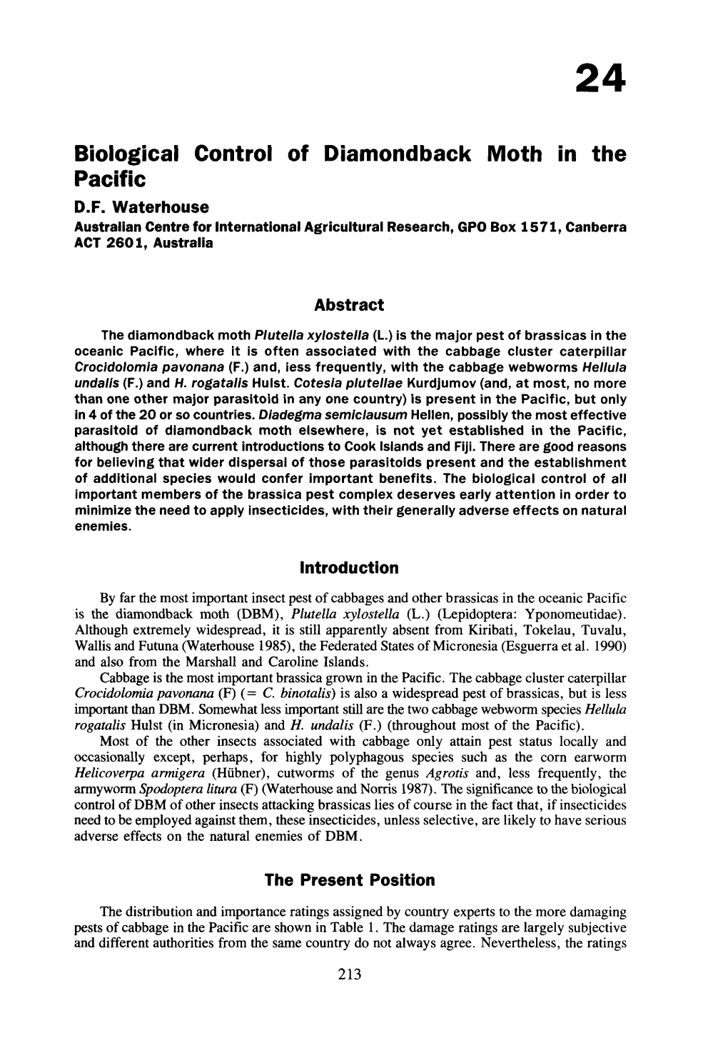 Biological Control of Diamondback Moth in the Pacific D.F