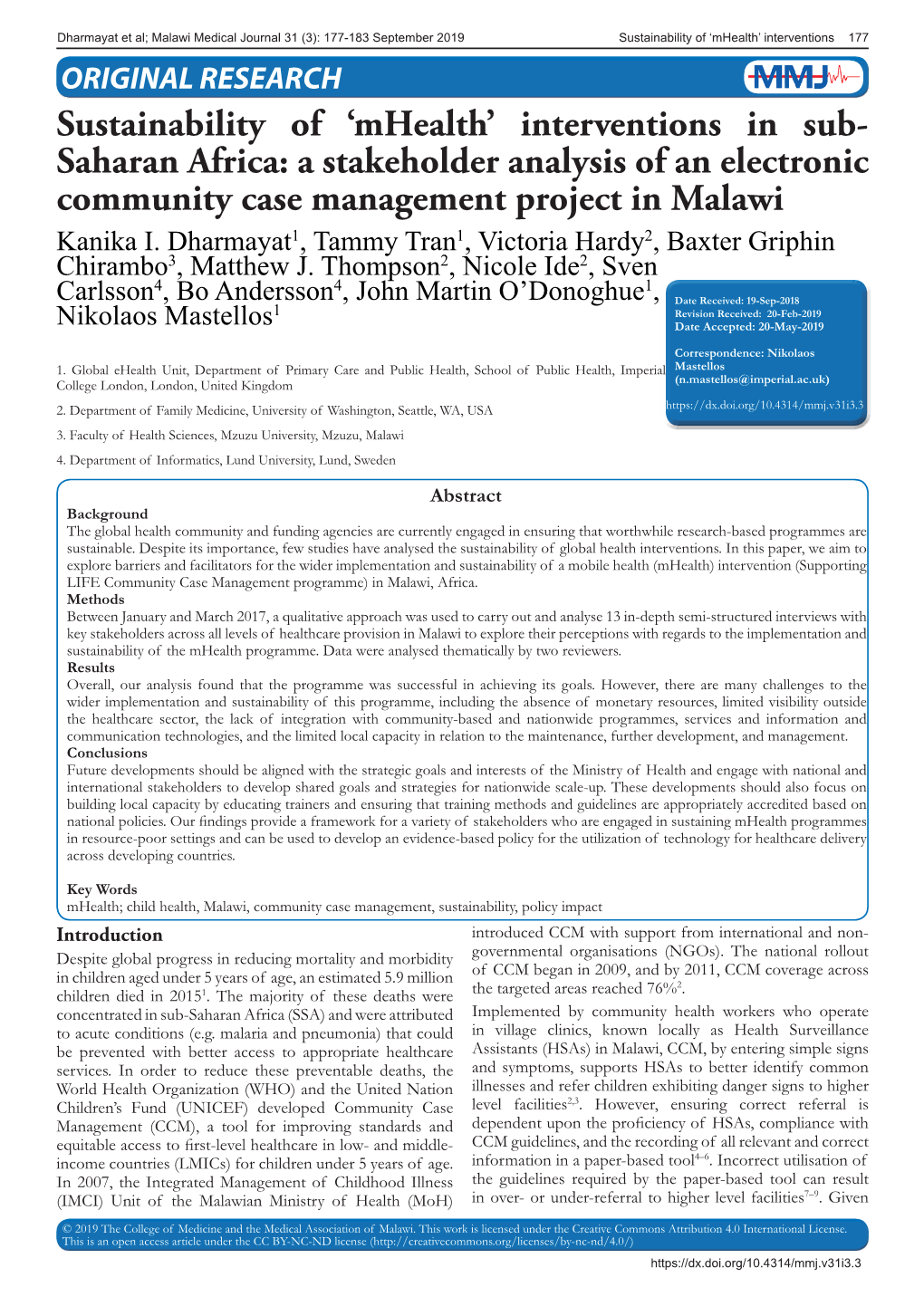 Sustainability of 'Mhealth' Interventions in Sub- Saharan Africa