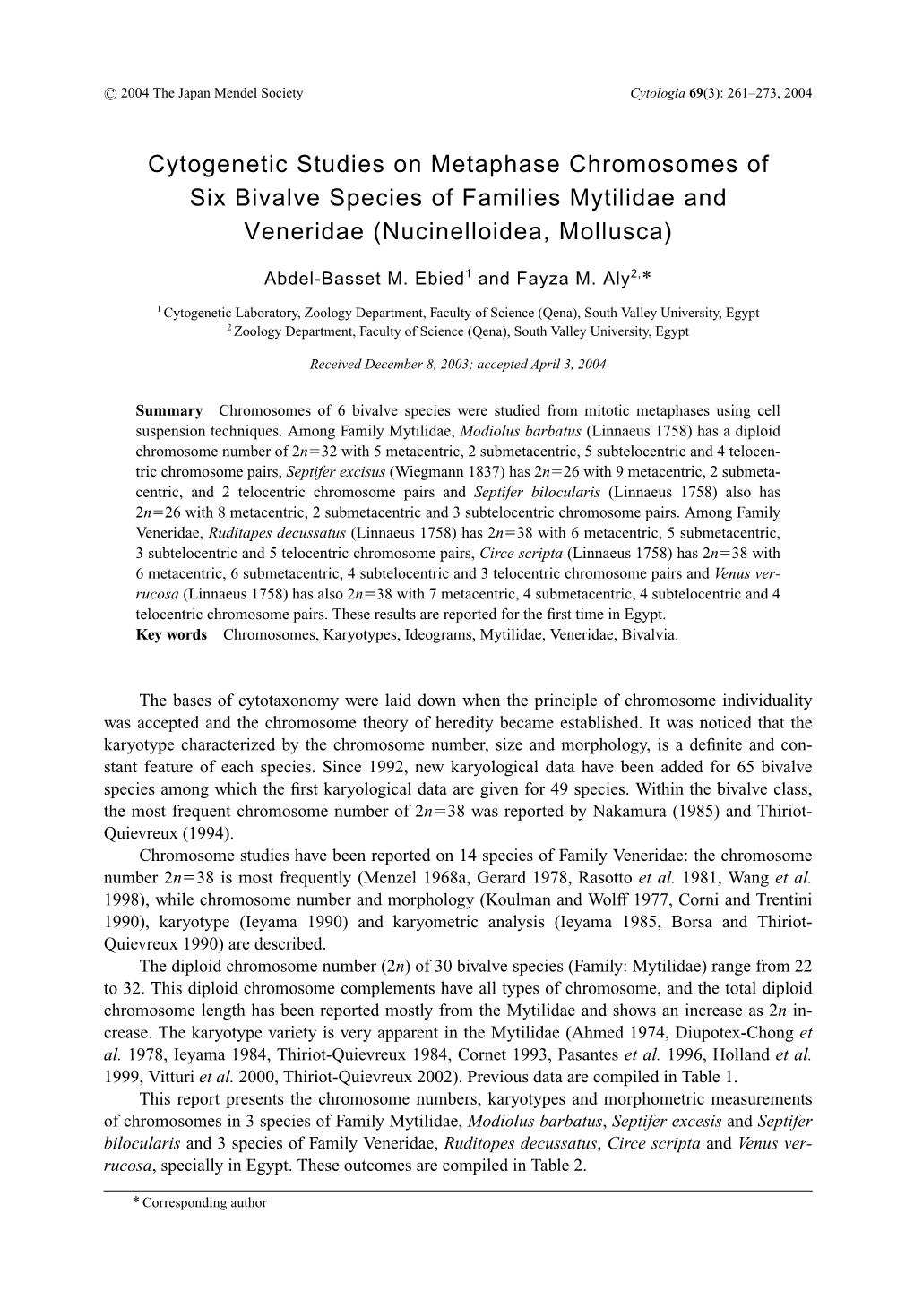 Cytogenetic Studies on Metaphase Chromosomes of Six Bivalve Species of Families Mytilidae and Veneridae (Nucinelloidea, Mollusca)