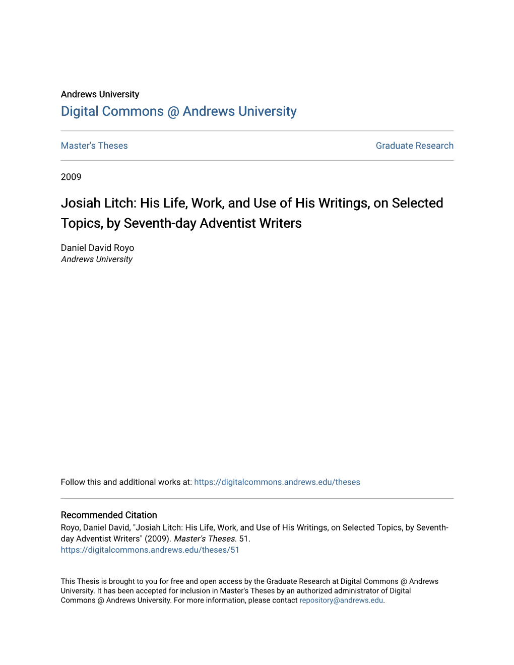 Josiah Litch: His Life, Work, and Use of His Writings, on Selected Topics, by Seventh-Day Adventist Writers