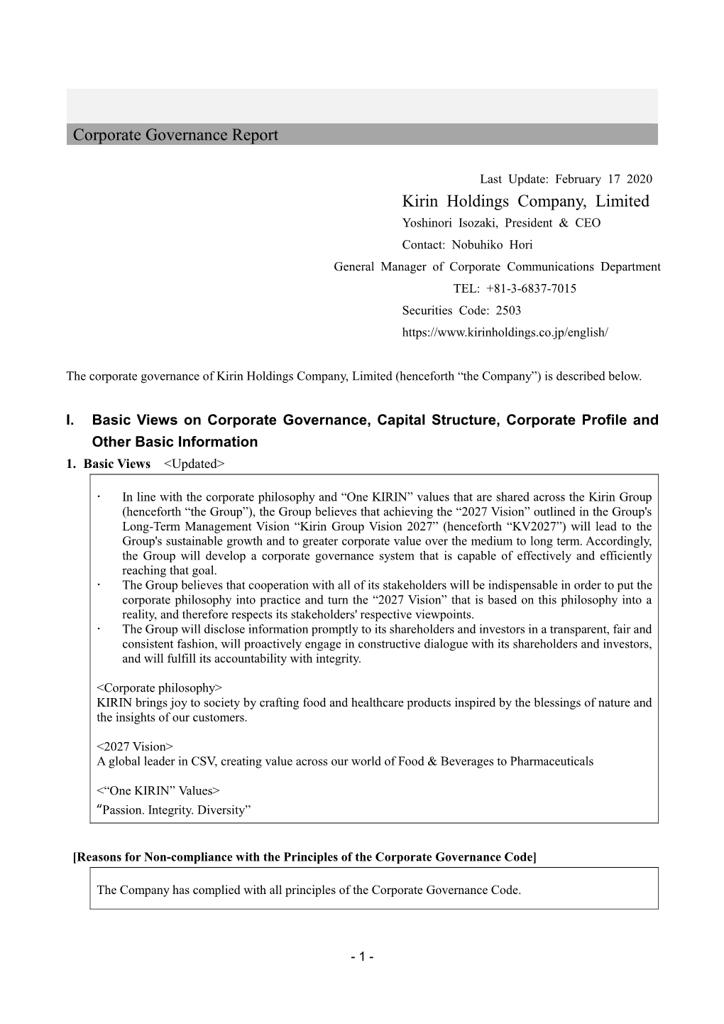 Corporate Governance Report Kirin Holdings Company, Limited