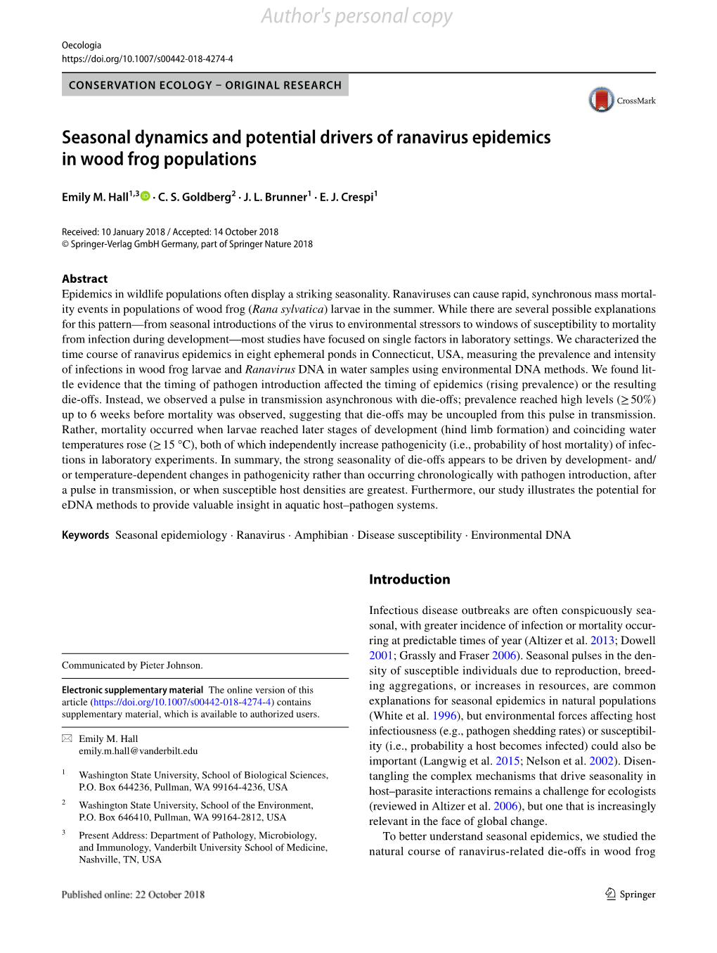 Seasonal Dynamics and Potential Drivers of Ranavirus Epidemics in Wood Frog Populations