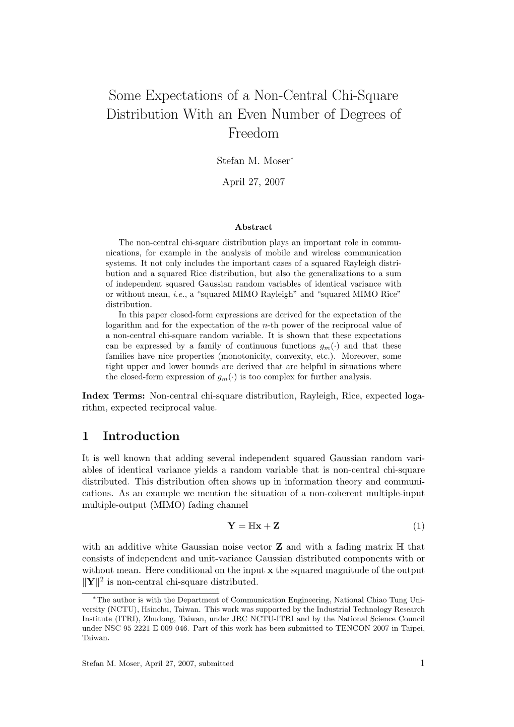 Some Expectations of a Non-Central Chi-Square Distribution with an Even Number of Degrees of Freedom