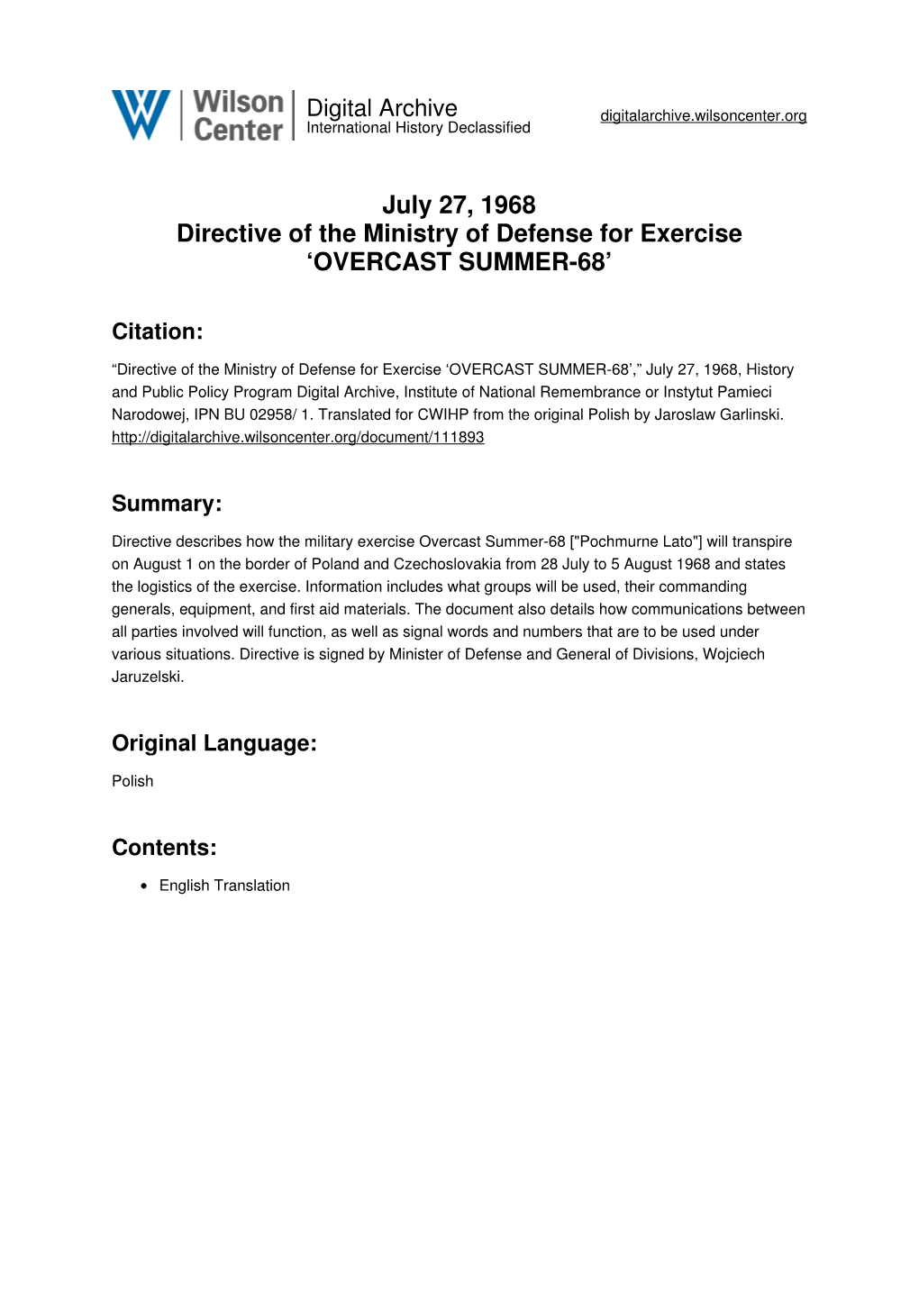 July 27, 1968 Directive of the Ministry of Defense for Exercise ‘OVERCAST SUMMER-68’
