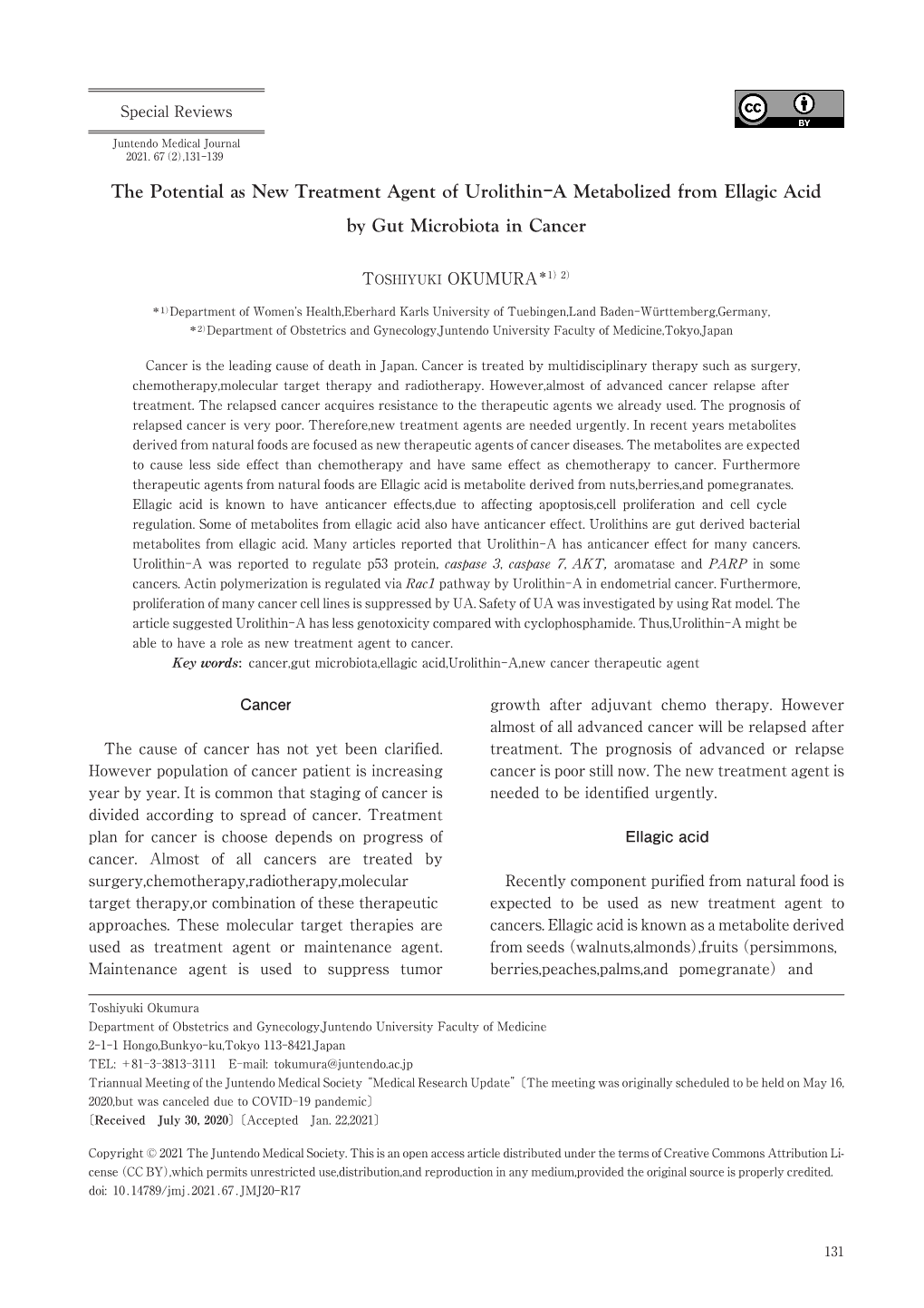 The Potential As New Treatment Agent of Urolithin-A Metabolized from Ellagic Acid by Gut Microbiota in Cancer