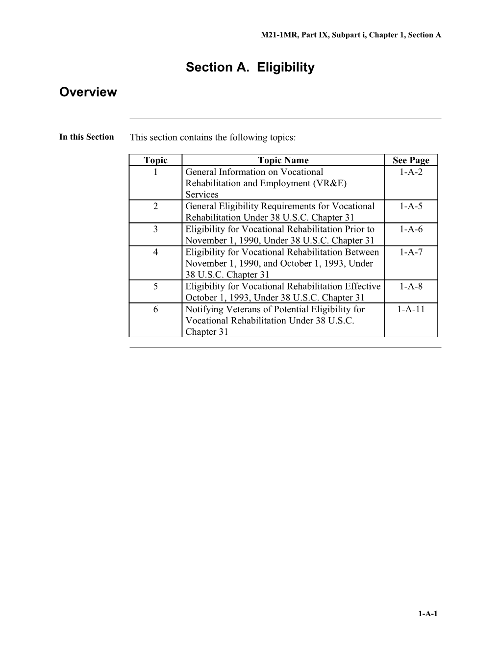 M21-1MR, Part IX, Subpart I, Chapter 1, Section A s1