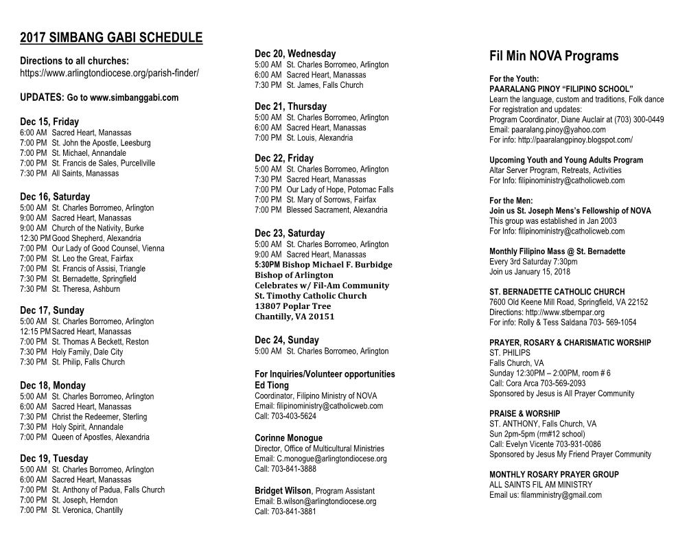 2017 SIMBANG GABI SCHEDULE Fil Min NOVA Programs