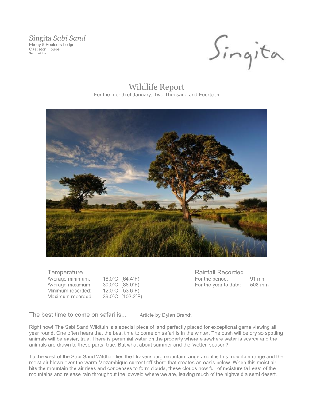 Singita Sabi Sand Wildlife Report