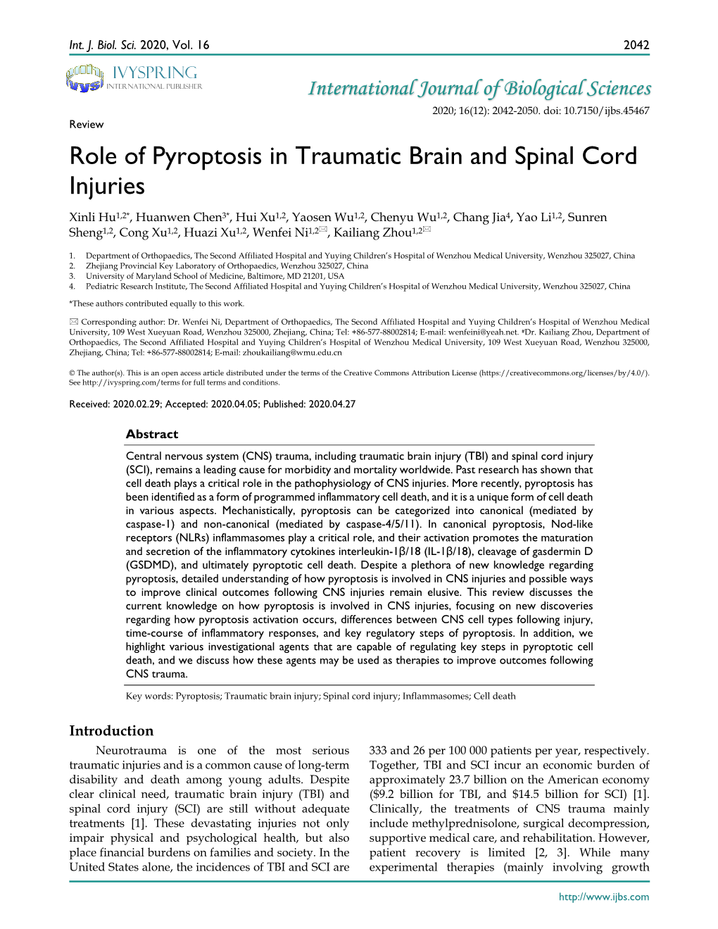 Role of Pyroptosis in Traumatic Brain and Spinal Cord Injuries