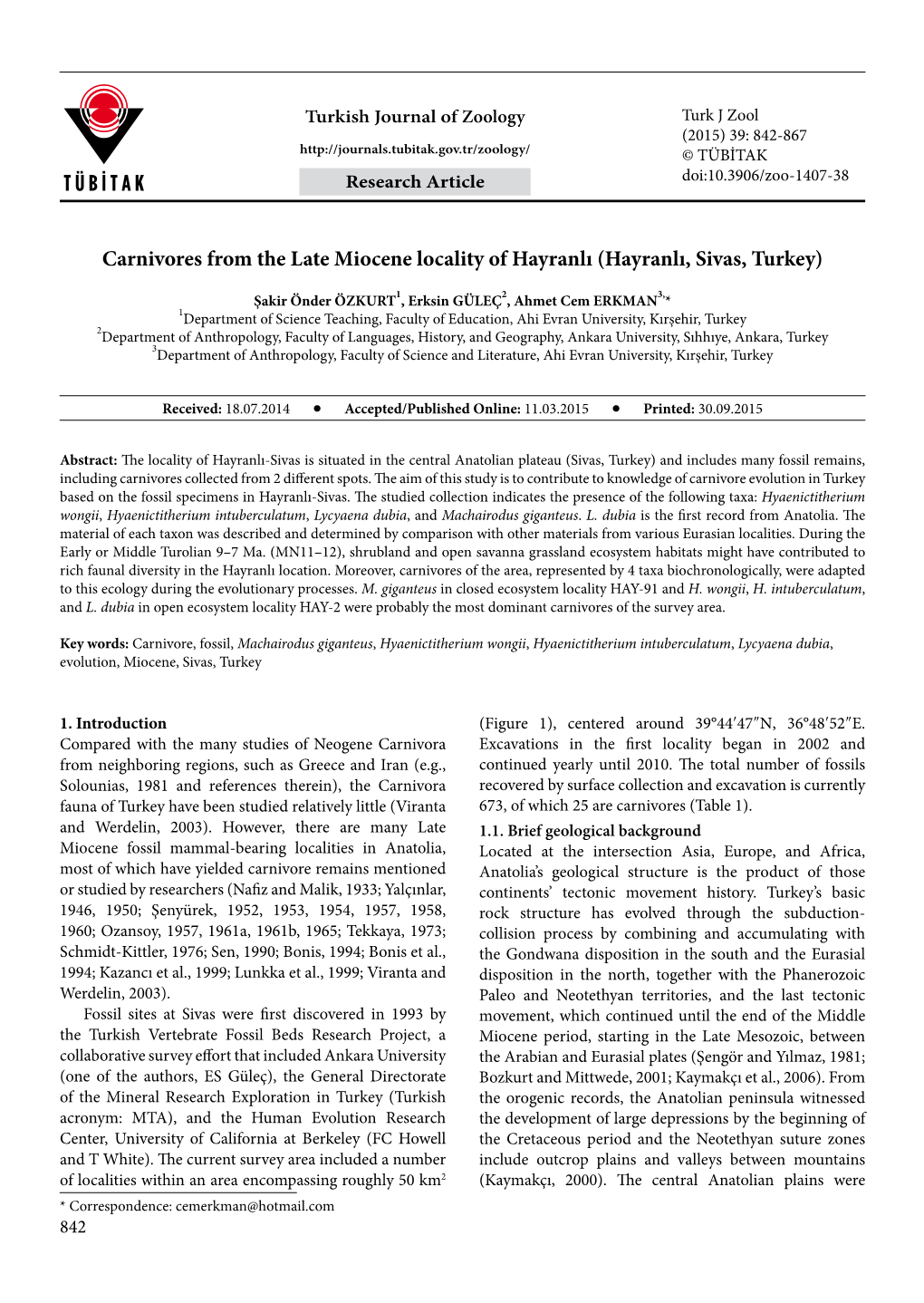 Carnivores from the Late Miocene Locality of Hayranlı (Hayranlı, Sivas, Turkey)