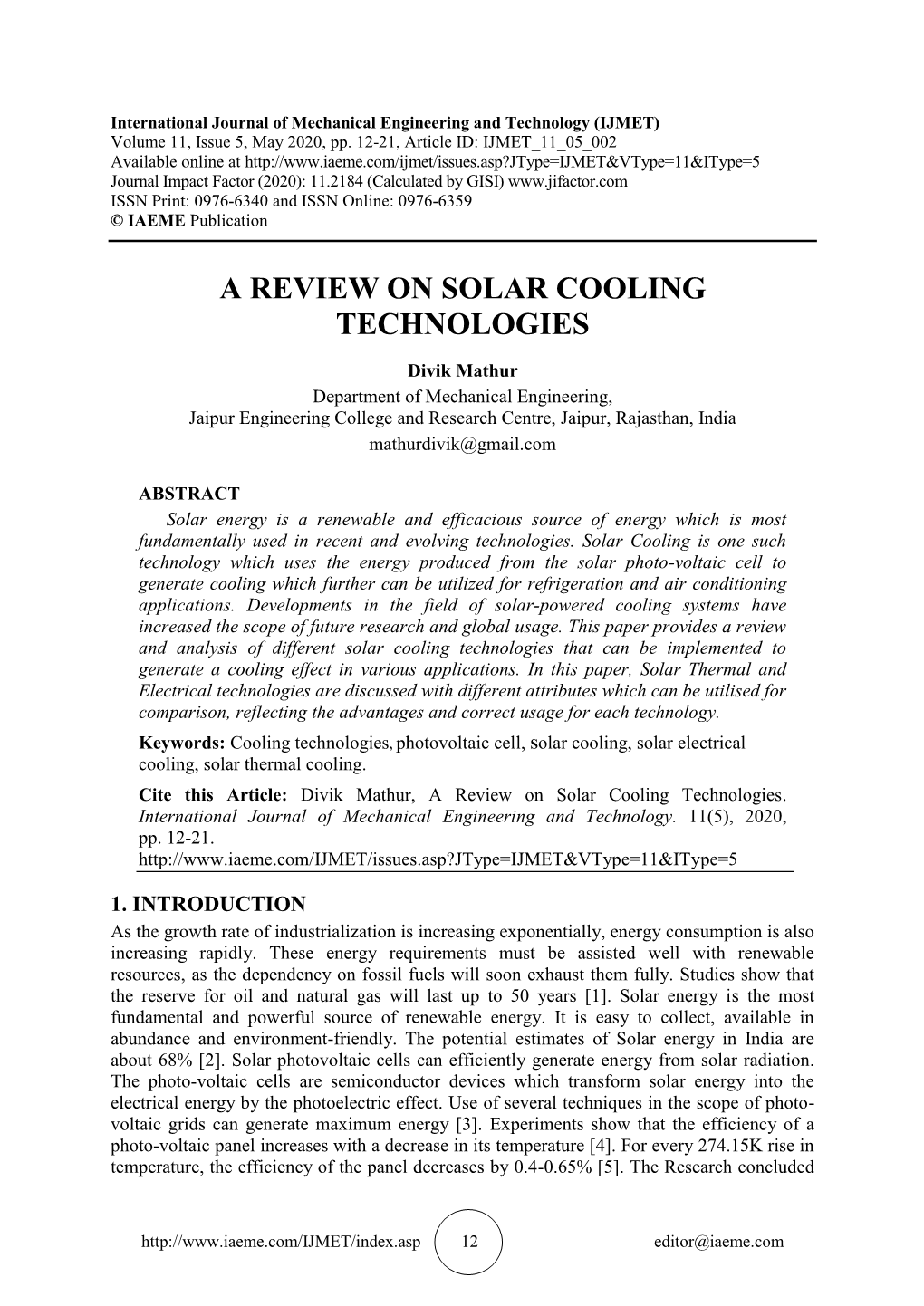 A Review on Solar Cooling Technologies