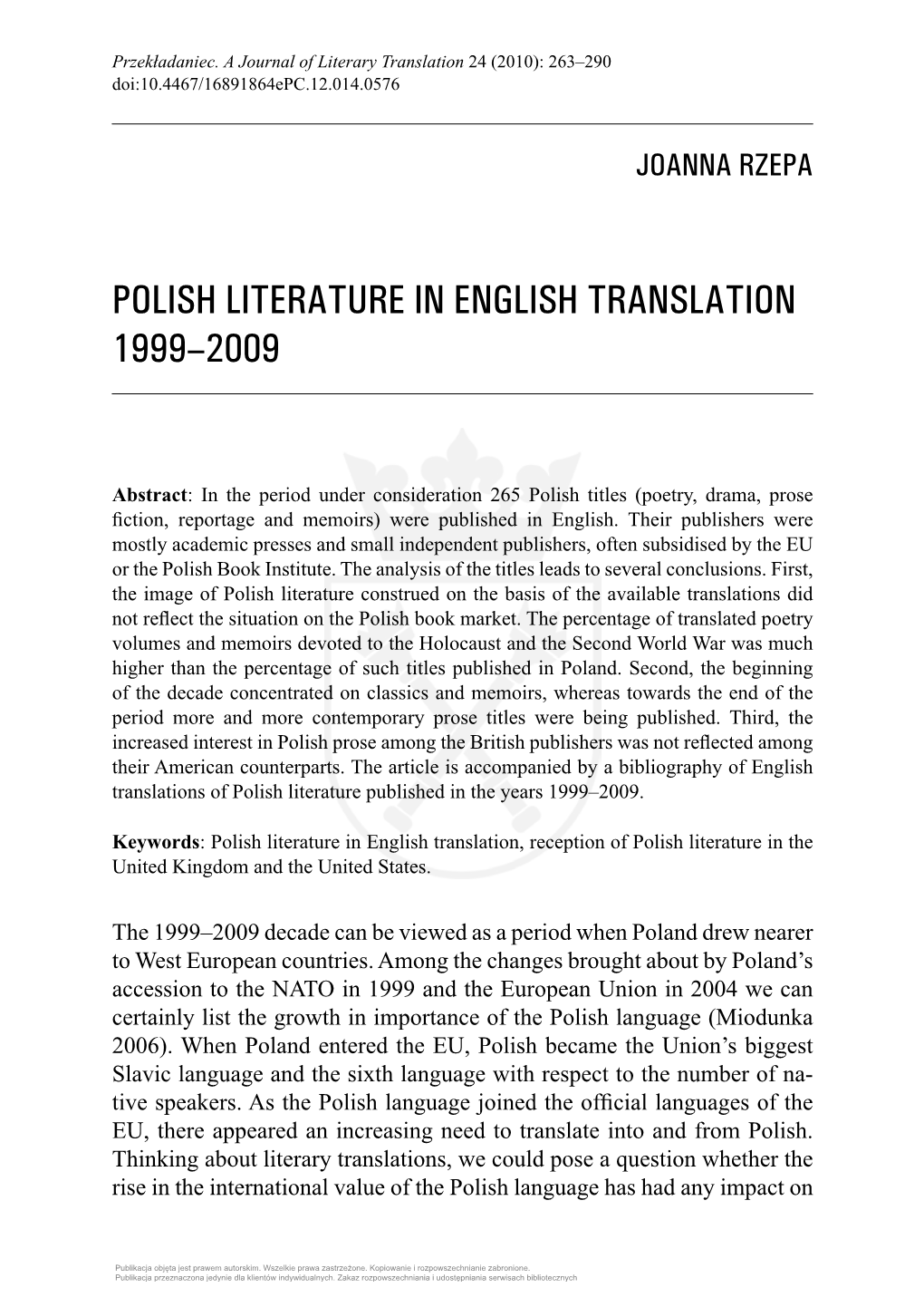 Polish Literature in English Translation 1999–2009