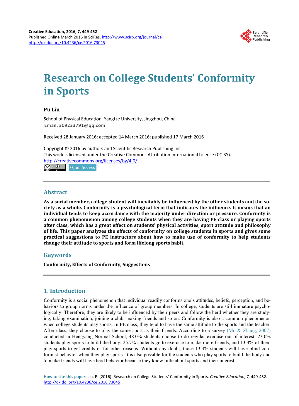 Research on College Students' Conformity in Sports