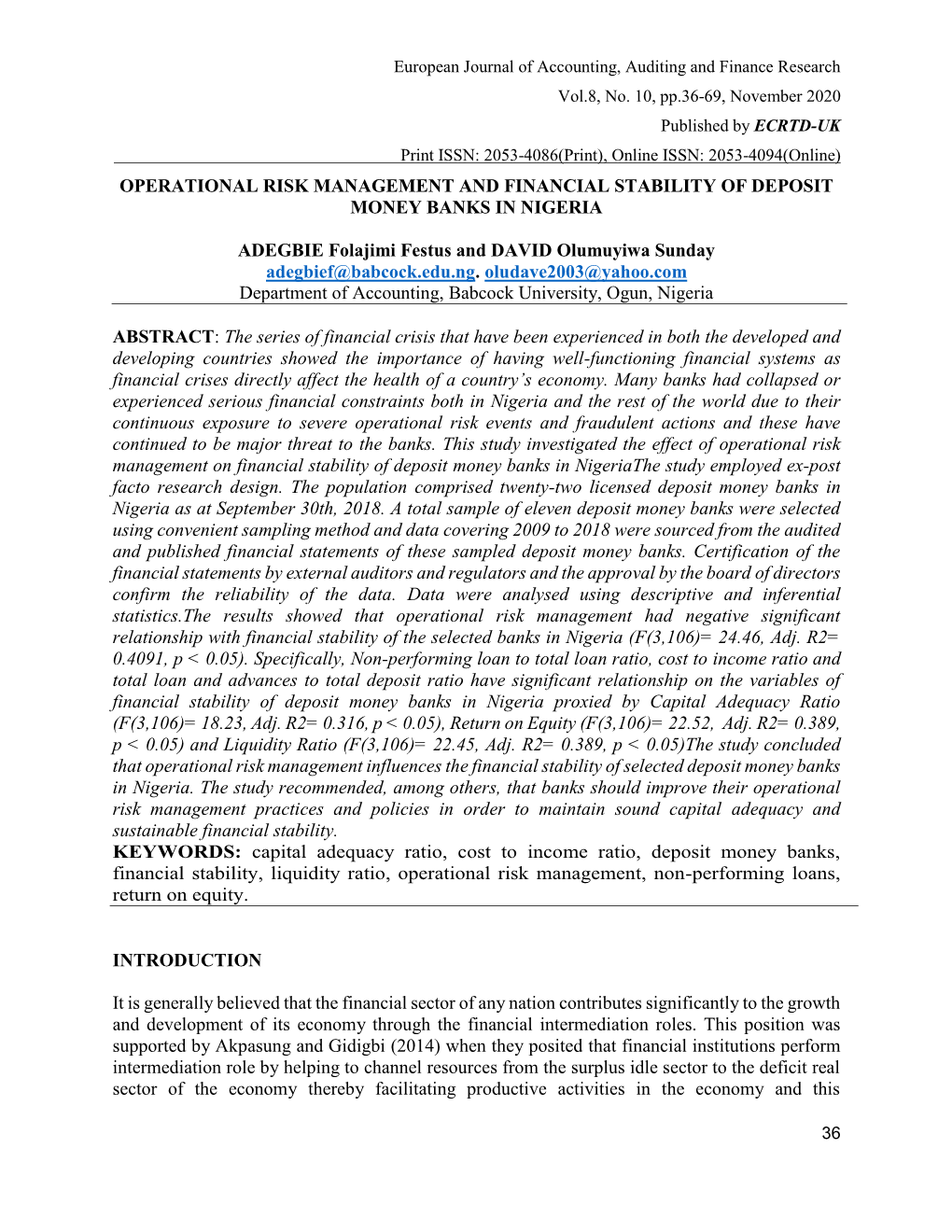 Operational Risk Management and Financial Stability of Deposit Money Banks in Nigeria