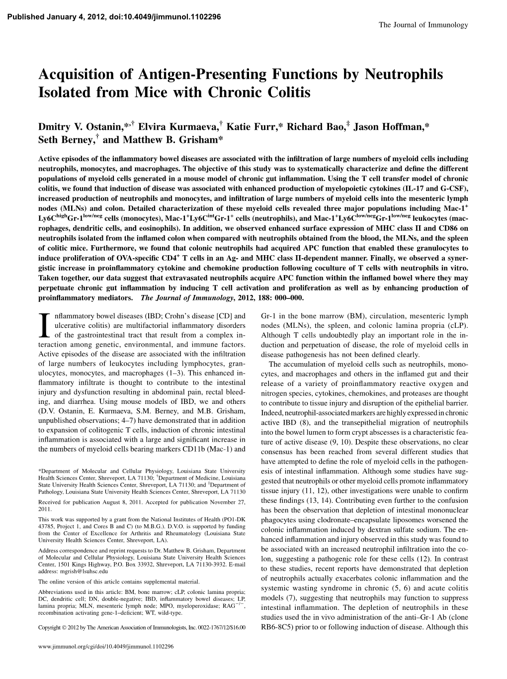 Chronic Colitis by Neutrophils Isolated from Mice with Acquisition of Antigen-Presenting Functions