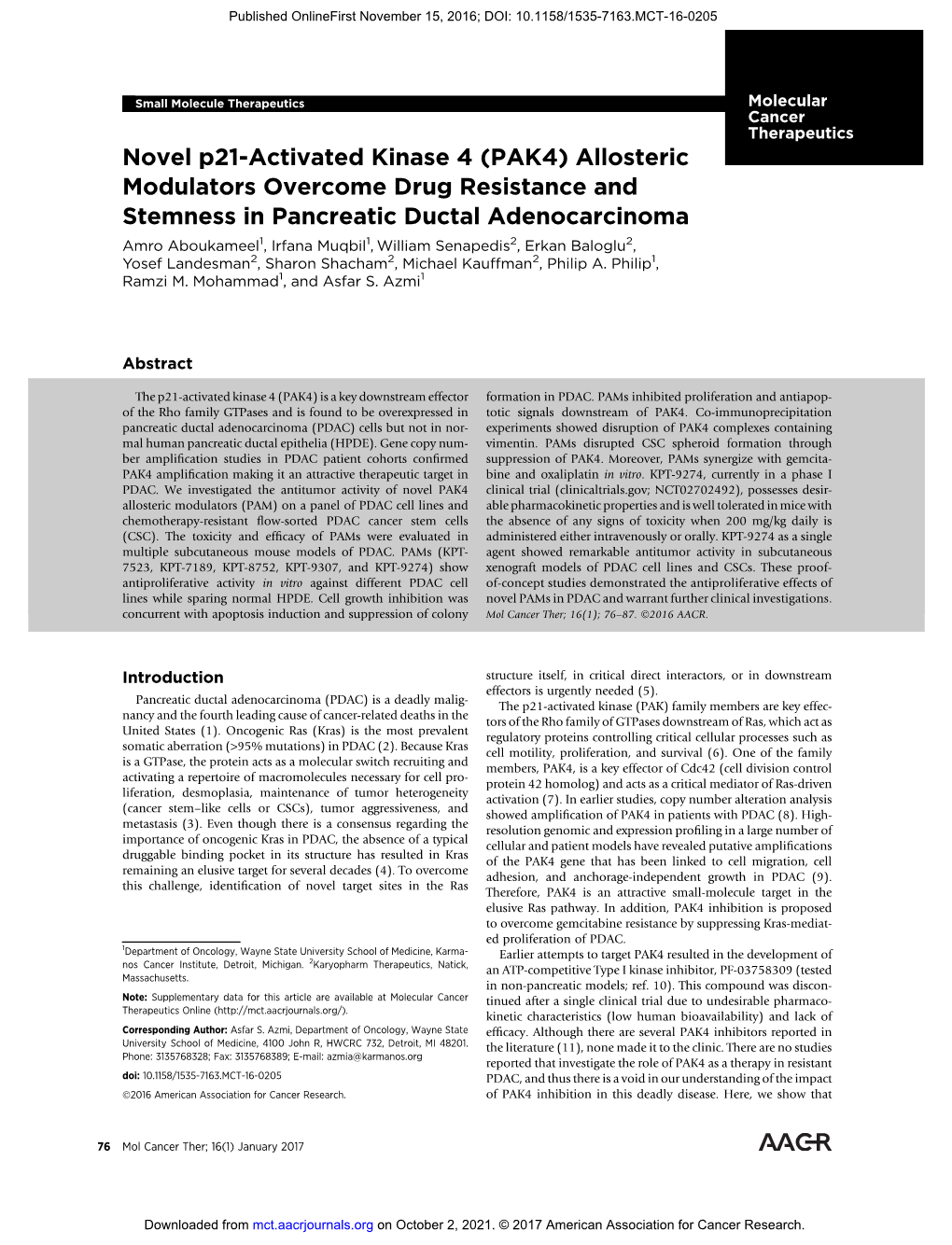 Novel P21-Activated Kinase 4 (PAK4)