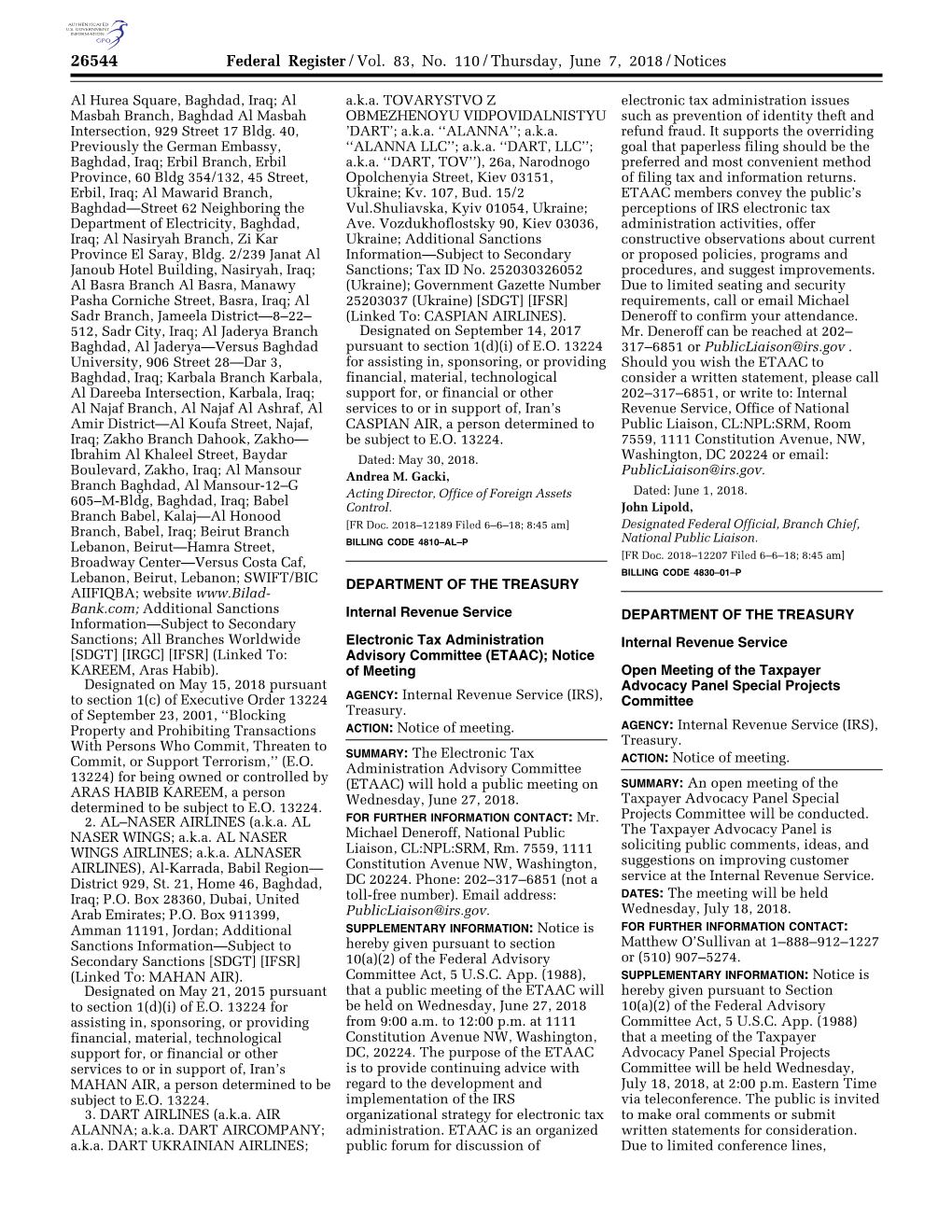 Federal Register/Vol. 83, No. 110/Thursday, June 7, 2018/Notices