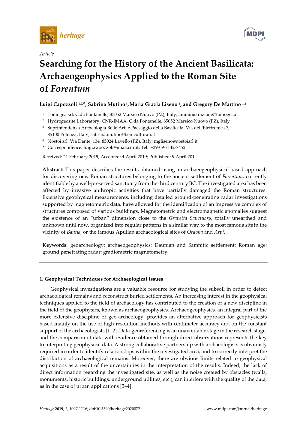 Searching for the History of the Ancient Basilicata: Archaeogeophysics Applied to the Roman Site of Forentum