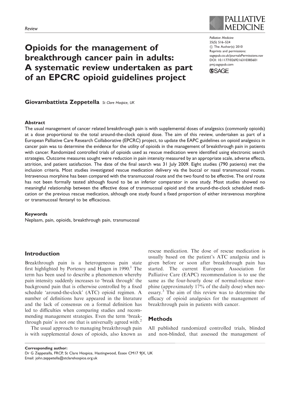 Opioids for the Management of Breakthrough Cancer Pain in Adults