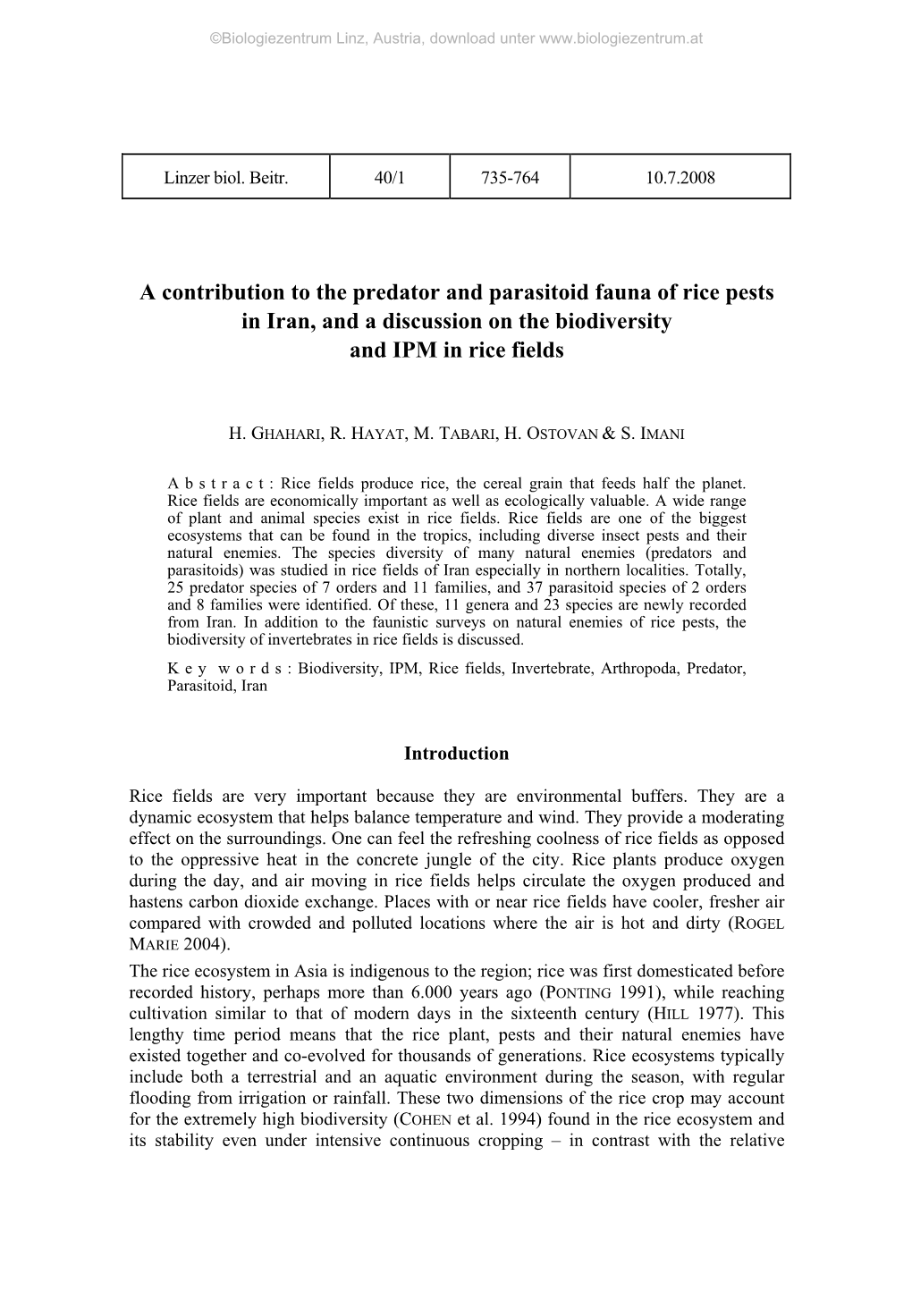 A Contribution to the Predator and Parasitoid Fauna of Rice Pests in Iran, and a Discussion on the Biodiversity and IPM in Rice Fields