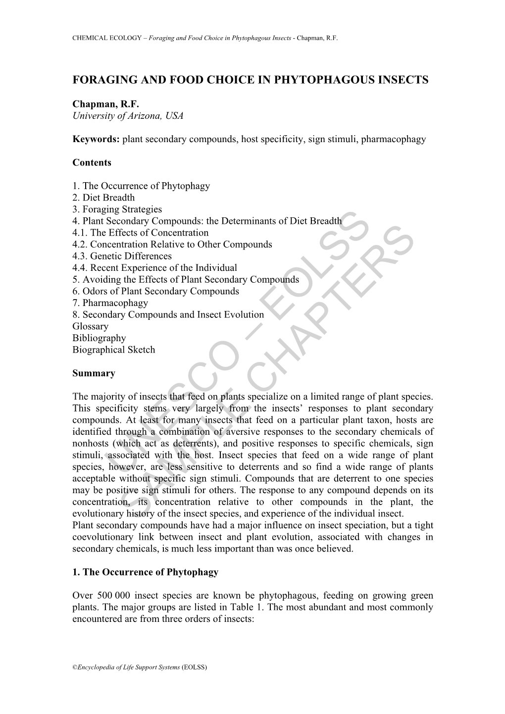 Foraging and Food Choice in Phytophagous Insects - Chapman, R.F