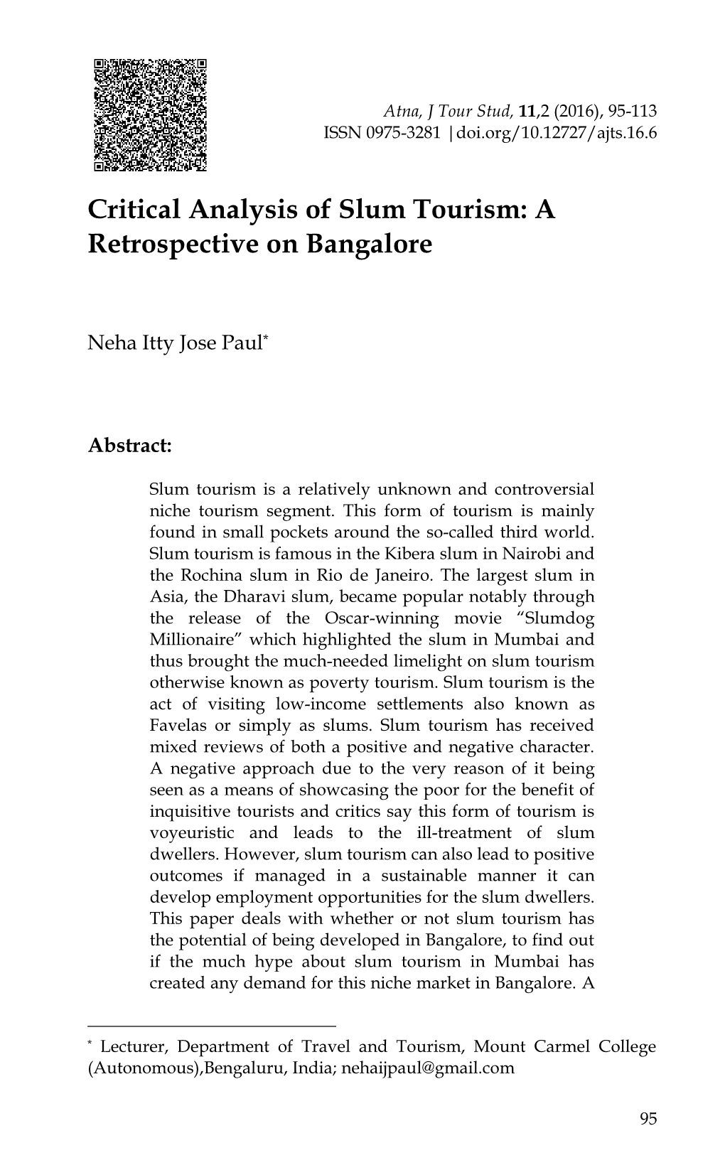 Critical Analysis of Slum Tourism: a Retrospective on Bangalore