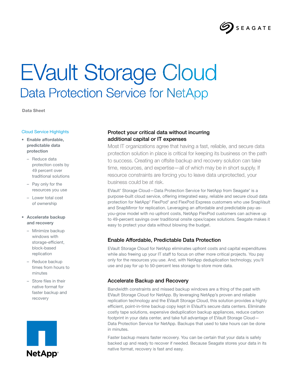 Evault Storage Cloud Data Protection Service for Netapp