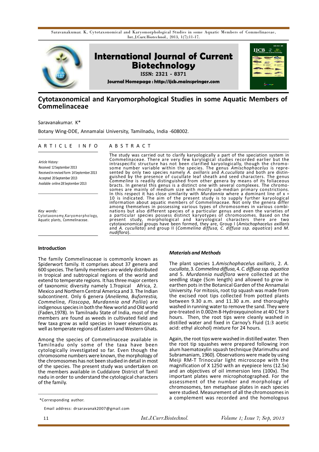 Cytotaxonomical and Karyomorphological Studies in Some Aquatic Members of Commelinaceae, Int.J.Curr.Biotechnol., 2013, 1(7):11-17