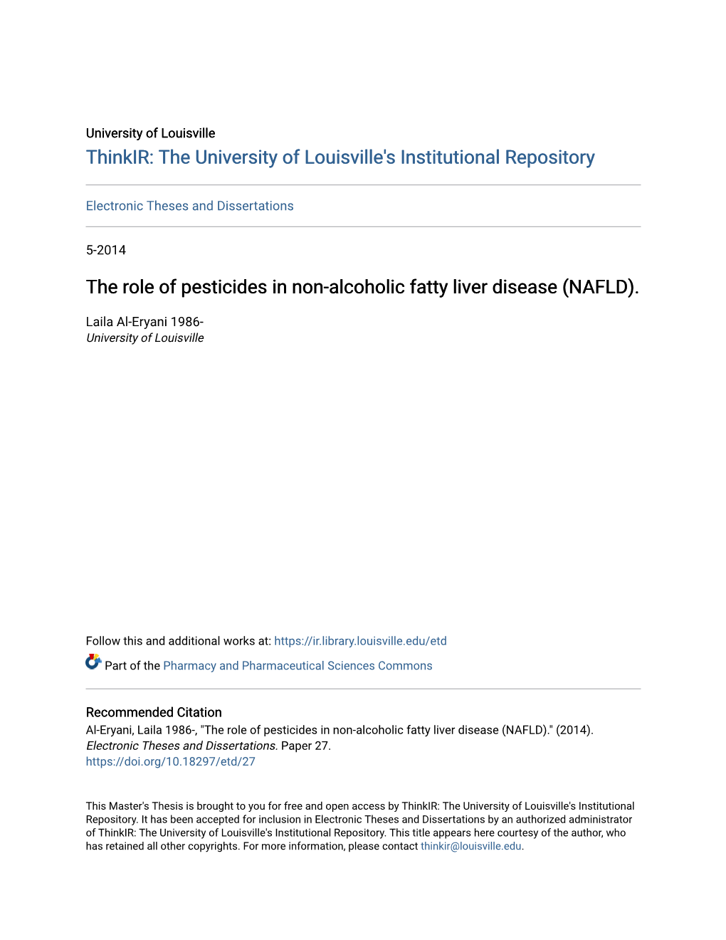 The Role of Pesticides in Non-Alcoholic Fatty Liver Disease (NAFLD)